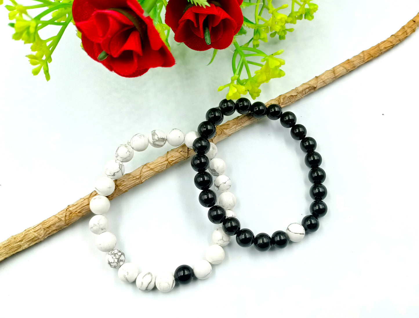 Black Tourmaline and Howlite Couple Bracelet
